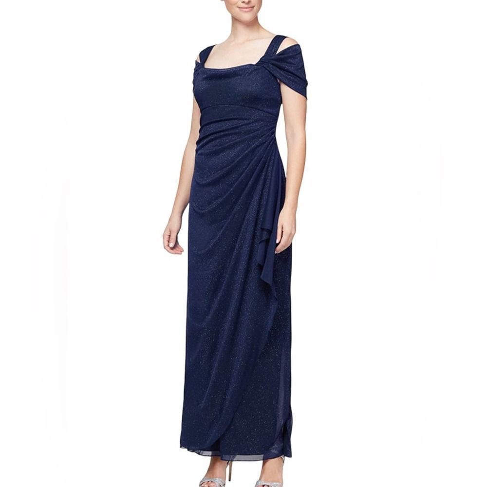 NEW Alex Evenings Women’s Navy Glitter Cold Shoulder Formal Evening Dress Gown 6